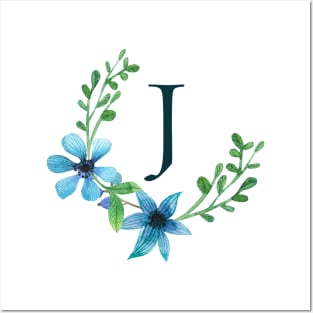 Floral Monogram J Pretty Blue Flowers Posters and Art